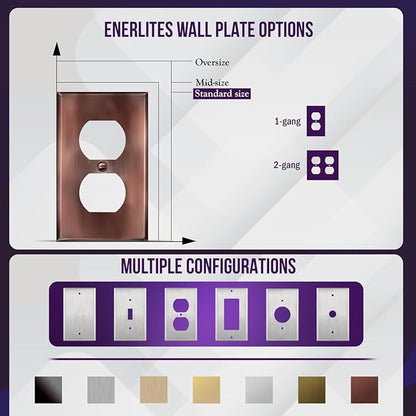 ENERLITES Duplex Receptacle Metal Wall Plate, Stainless Steel Outlet Cover, Corrosion Resistant, Standard Size 1-Gang 4.50" x 2.76", Stainless Steel 201, 7721-AC, Antique Copper