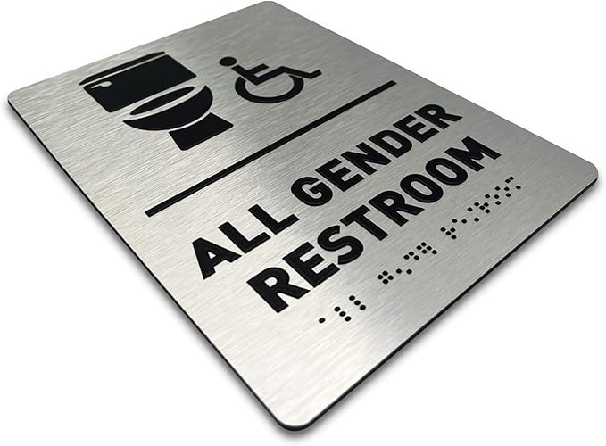 All Gender Bathroom Sign by GDS - ADA Compliant, Wheelchair Accessible, Raised Icons, & Grade 2 Braille - Includes Adhesive Strips for Easy Installation - All Gender Restroom Sign for Business, Bathroom Signs for Business, Restroom Signs - 6" W x 8" H ...