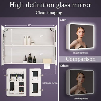 28 x 32 Inch White Medicine Cabinet LED Mirror with Lights 3 Color Dimmable Anti-Fog 2 Door 32 Inch Bathroom Lighted Medicine Cabinet with Mirror and Lights Storage for Bathroom Wall