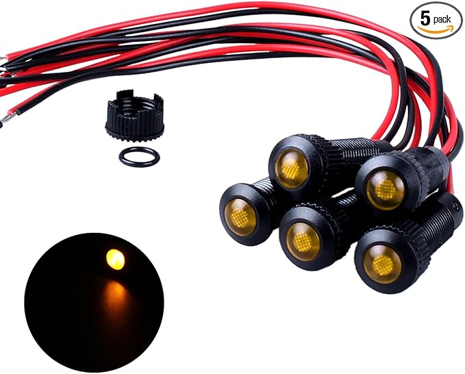 5pcs 8mm LED Indicator Light Plastic Black Signal Dot Lamp 110-220VAC 5/16" Mounting Hole Size with 15cm/5.9in. Wire (Yellow LED)