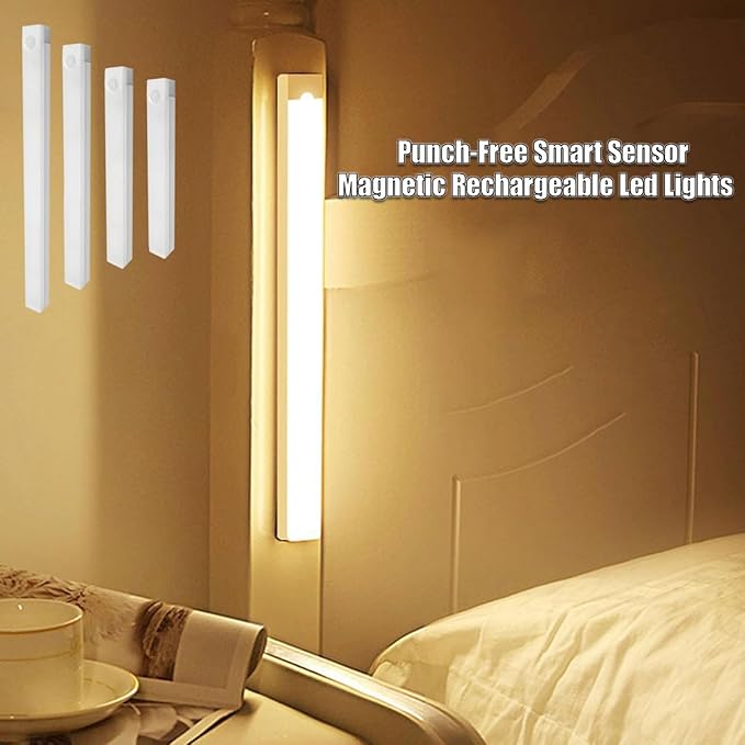 Punch-Free Smart Sensor Magnetic Rechargeable LED Lights, Motion Sensor Light Indoor for Stairs, Wardrobe, Cabinet (4PCS White Light,30cm/11.81in)