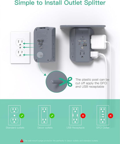 PD20W Wall Outlet Extender, Outlet Splitter with Shelf and Night Light, USB Wall Charger with 5 AC Outlets and 3 USB A Ports 1 USB C Ports Wide Space 3-Sided Power Strip Multi Plug Outlets Gray