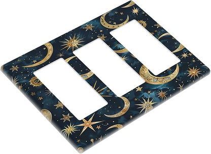 Light Switch Covers Modern Abstract Sky Blue Gold Moon Sun Star 3 Gang Rocker Electrical GFCI Decorative Triple Outlet Wall Plate Cover Switchplate for Bedroom Kids room Decor