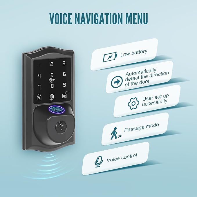 Smart Deadbolt Fingerprint Door Lock with Handle, App Control, Touchscreen Keypad Keyless Entry Door Lock Set with Doorbell, Voice Prompts, Auto Lock, 300+ User Capacity, Matte Black