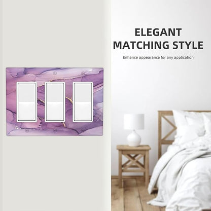 Light Switch Covers Purple Marbling Golden Line 3 Gang Rocker Electrical GFCI Decorative Triple Outlet Wall Plate Cover Switchplate for living Room Bathroom Decor