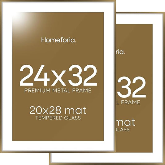 Homeforia 24x32 Picture Frame Bronze, High End Metal 24 x 32 Large Poster Frames with Mat 20 by 28 Photo, 24x32 Brass Frame Matted to 20x28 Print, 32x24 Thin Frames, Tempered Glass, Wall Kit, Set of 2