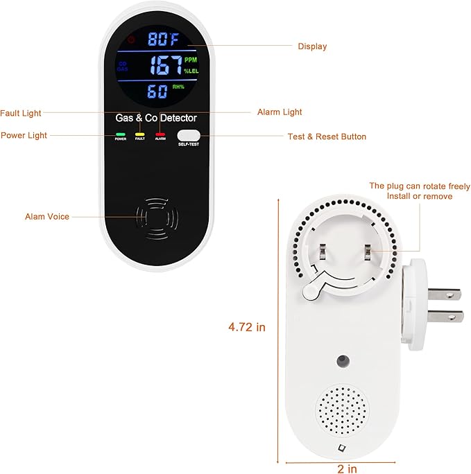 2 Packs Natural Gas & Carbon Monoxide Detector, 4-in-1 Explosive Gas & Carbon Monoxide Alarm with Temperature(°F) & Humidity for Home,RV,Hotel,Apartment