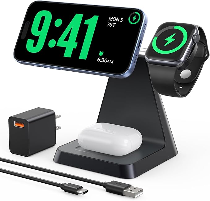 Charging Station for Multiple Devices Apple: 3 in 1 Magnetic Wireless Charger Stand for MagSafe-Compatible Nightstand Charging Dock for iPhone 17 16 15 14 13 12 Pro Max Plus Apple Watch Airpods