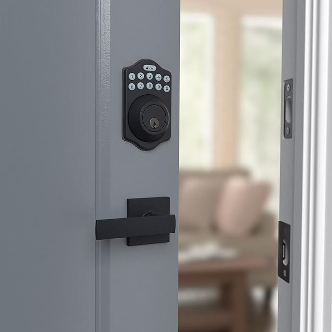 Amazon Basics Traditional Electronic Keypad, Keyless Entry Door Lock Deadbolt with Handle Set, Key Pad Front Door with Knob, Traditional Door Locks for Front Door, Door Handle, Matte Black, 6-Pack