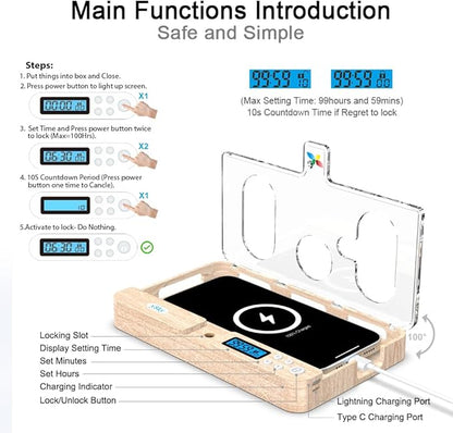 ySky Portable Timed Phone Lock Box for iPhone and Android Phones, Self-Control Timer Phone Locker Box to Help Kids,Students, Adults Focus Back(Woodgrain)