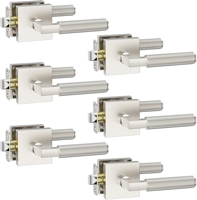 Asidrama 6 Pack Brushed Satin Nickel Passage Door Handles, Door Lever with Door Knobs Indoor for Bedroom or Bathroom, Heavy Duty Door Handles Interior with Locks for Left Right Sided Doors