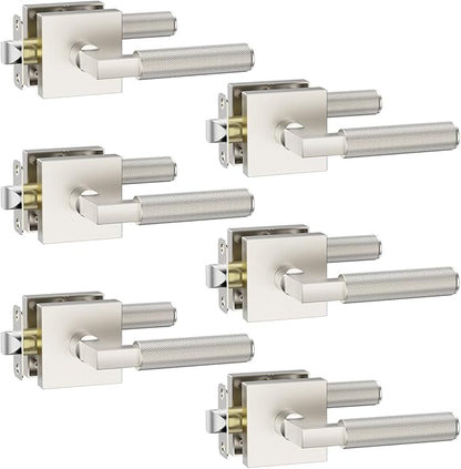 Asidrama 6 Pack Brushed Satin Nickel Passage Door Handles, Door Lever with Door Knobs Indoor for Bedroom or Bathroom, Heavy Duty Door Handles Interior with Locks for Left Right Sided Doors