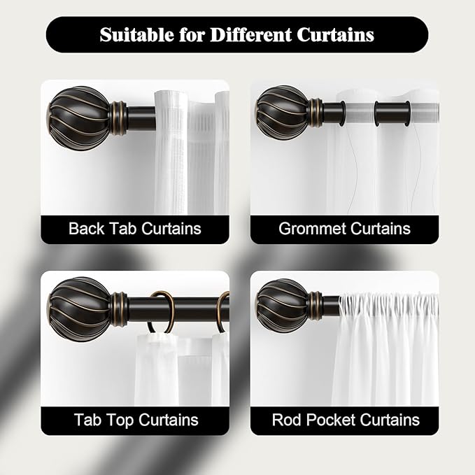 Oneach Black Curtain Rods for Windows 66 to 120 Inch, 7/8" Adjustable Heavy Duty Decorative Drapery Rods with Round Netted Texture Finials (Pack of 1, 36 to 120 Inch)
