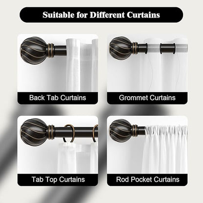 Oneach Black Curtain Rods for Windows 72 to 144 Inch, 7/8" Adjustable Heavy Duty Decorative Drapery Rods with Round Netted Texture Finials (Pack of 1, 36 to 150 Inch)