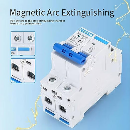 20 Amp Miniature DC Circuit Breaker 500V 2 Pole, Solar PV Disconnect Switch with Thermal Magnetic Trip, DIN Rail Mount Isolator C20