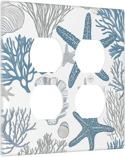 Blue Starfish Nautical Beach Conch Coastal Coral Shell Outlet Covers 2 Gang Double Duplex Decorative Light Switch Covers Electrical Wallplates Socket Faceplate For Kids Room Bathroom Decor