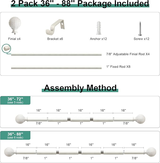2 Pack Antique White Ball Curtain Rods for Windows 48 to 84 Inch,1 Inch Heavy Duty Adjustable Curtain Rod,Boho Decorative Drapery Rods Set with Brackets,Size:36''-88''