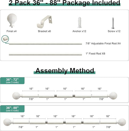2 Pack Antique White Ball Curtain Rods for Windows 48 to 84 Inch,1 Inch Heavy Duty Adjustable Curtain Rod,Boho Decorative Drapery Rods Set with Brackets,Size:36''-88''