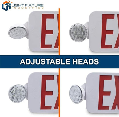 LFI Lights® Compact Remote Head Capable COMBO UL 924 Listed, Exit Sign with Emergency Lights, Red LED, White, 120/277VAC Hardwired with Battery Backup, Optional Double Face and Knock Out Arrows COMBOJR2RWRH
