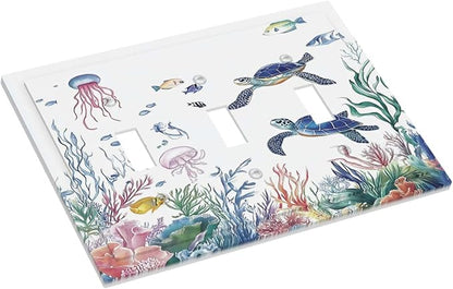 Blue Sea Turtle Ocean Fish Octopus Coral Decorative Switch Plates 3 Gang Wall Plate Triple Toggle Light Switch Cover Faceplate Electrical Wall Panels For Bathroom Kids Room Decor