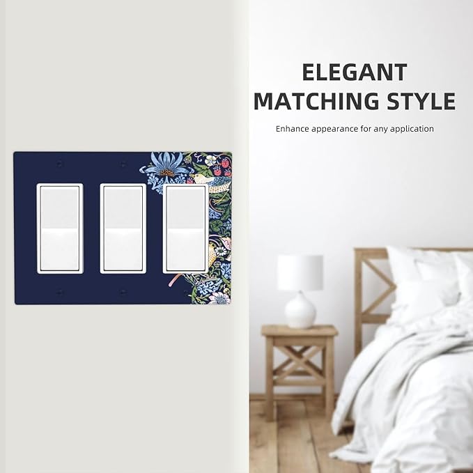 Decorative Outlet Covers Vintage Blue Morris Strawberry Thief Bird Flower 3 Gang Wall Plate Triple Rocker Light Switch Cover Plate Jumbo Electrical GFCI Faceplate