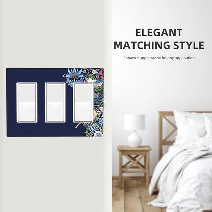 Decorative Outlet Covers Vintage Blue Morris Strawberry Thief Bird Flower 3 Gang Wall Plate Triple Rocker Light Switch Cover Plate Jumbo Electrical GFCI Faceplate
