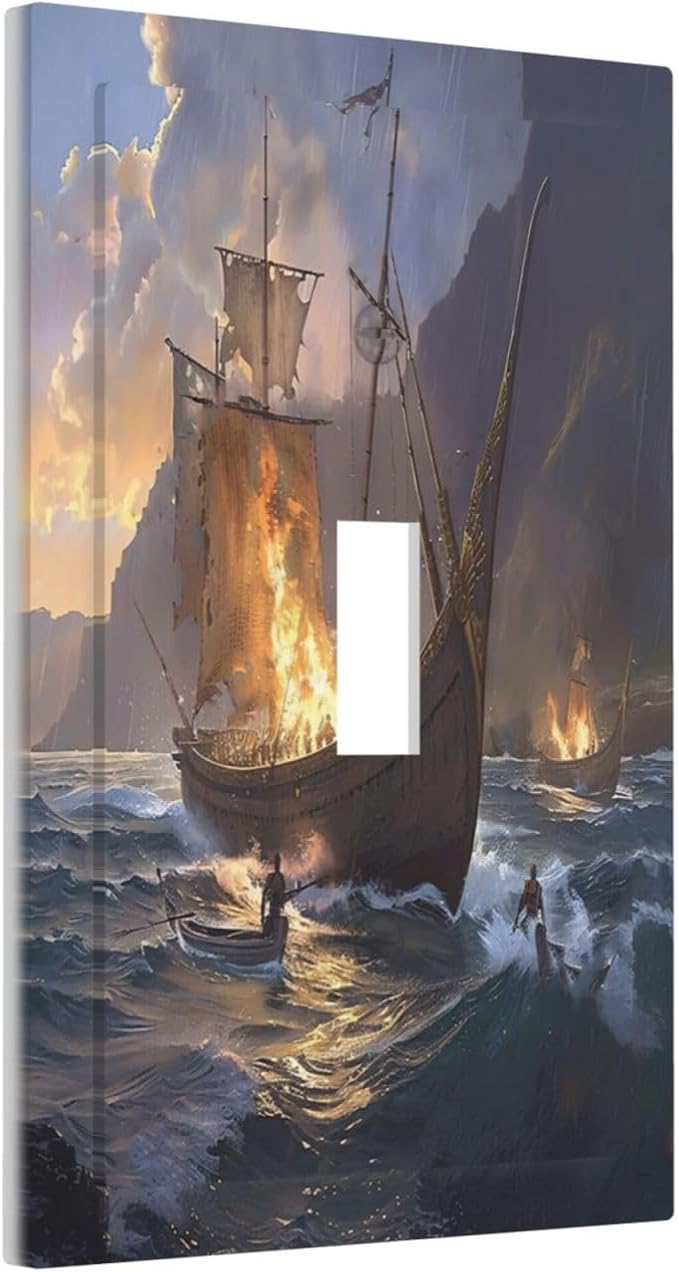 Decorative Light Switch Cover Plate Medieval Vintage Sailing Adventure Sailings Ocean Waves 1 Gang Single Toggle Wall Plate Electrical Outlet Covers Decorate Switch Plate Cover for Bedroom Cabin Decor
