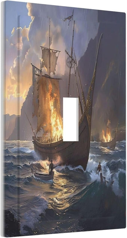 Decorative Light Switch Cover Plate Medieval Vintage Sailing Adventure Sailings Ocean Waves 1 Gang Single Toggle Wall Plate Electrical Outlet Covers Decorate Switch Plate Cover for Bedroom Cabin Decor