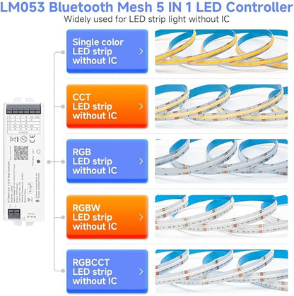 5in1 LM053 Bluetooth Mesh PWM LED Controller SmartLife TuyaSmart APP Control for Dimming CCT RGB RGBW RGBCCT LED Strip Work with WR01RF WR02RF RC01RF RC02RF RC03RF RC04RF RC05RF RF Remote