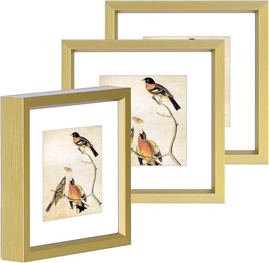 3x3 Picture Frame Set of 3, Brass Metal Square Photo Frames with HD Glass, Fits 2x2 with Mat or 3 x 3 without Mat, Display for Wall and Table
