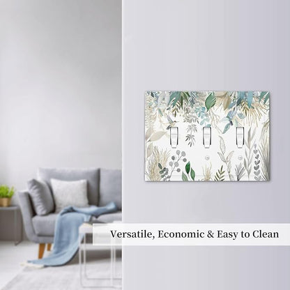 Green Tropical Palm Leaves Flower Plants Hummingbird Decorative Switch Plates 3 Gang Wall Plate Triple Toggle Light Switch Cover Faceplate Electrical Wall Panels for Bed Room Living Room Decor