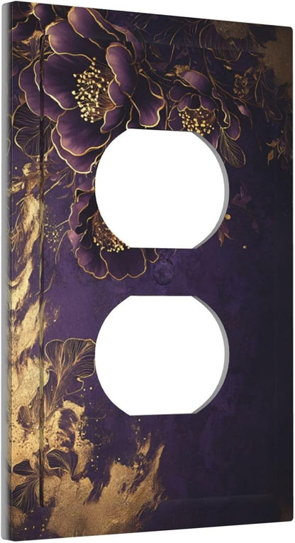 Decorative Outlet Covers Vintage Purple Peony Gold Leaf Flowers Floral 1 Gang Duplex Light Switch Cover Plate Wall Plates Electrical Switchplate Face Plate for Bedroom Decor