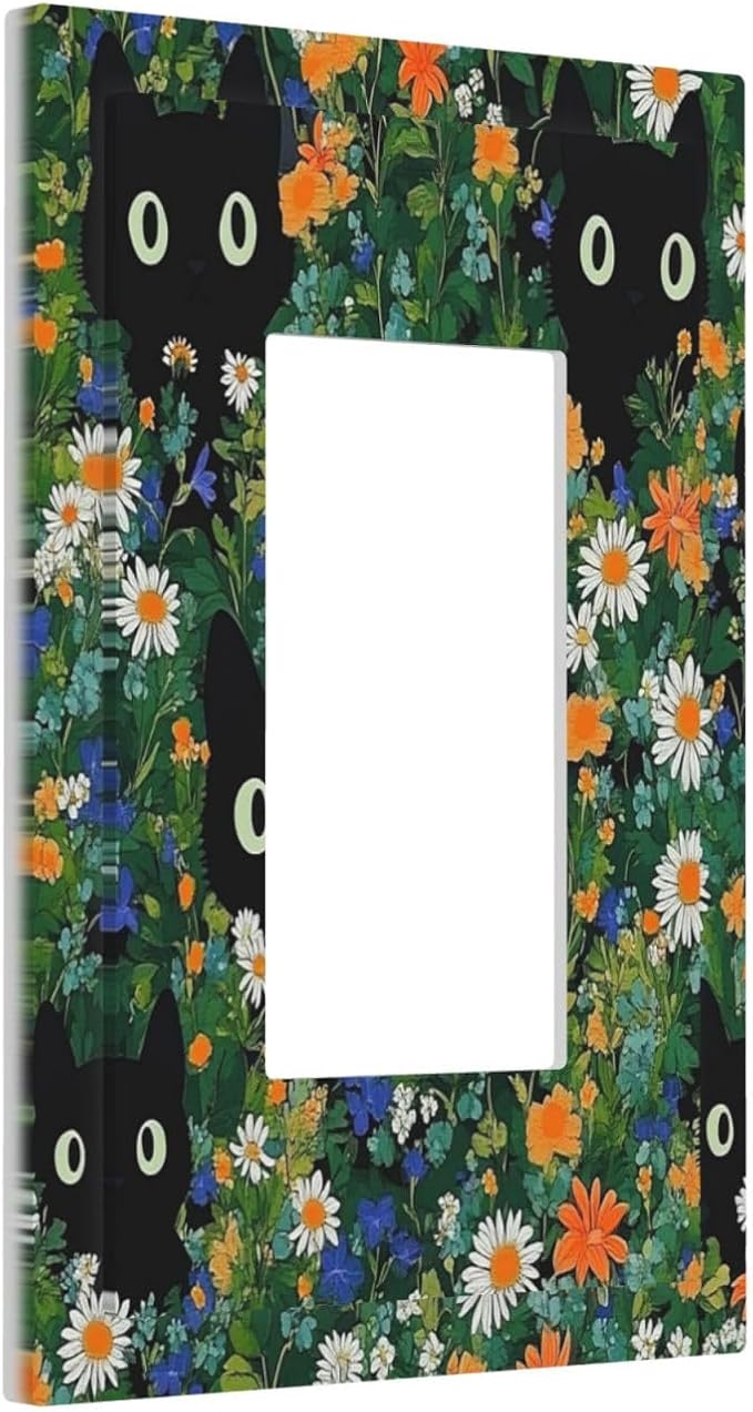 Boho Funny Black Cute Cats Daisy Wildflower Decorative Outlet Covers 1 Gang Single Rocker Light Switch Cover Plate Wall Plates Gfci Faceplate For Kids Room Bed Room Decor