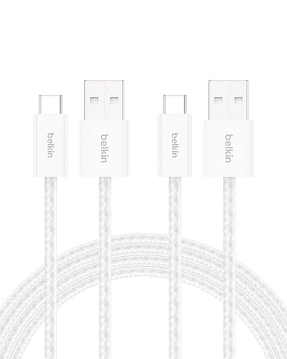 Belkin USB A to USB C Cable 2-Pack, 6.6ft, 15W - Type C Charger, iPhone Charger Cord, Soft, Braided, Flexible for iPhone 17 & 16, Galaxy S25, Pixel 10, iPad Pro, Airpods Pro, Switch & More - White