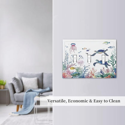 Blue Sea Turtle Ocean Fish Octopus Coral Decorative Switch Plates 3 Gang Wall Plate Triple Toggle Light Switch Cover Faceplate Electrical Wall Panels For Bathroom Kids Room Decor