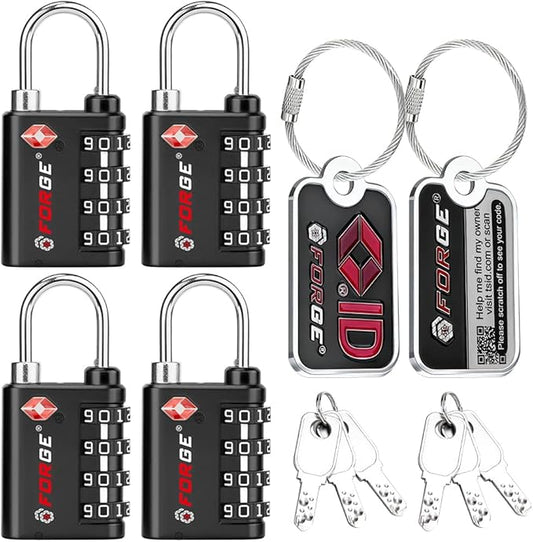 Forge Dual-Opening: Key or Combination Lock, TSA Approved Lock for Luggage, Pelican case, Travel, Gym, School, Luggage Combination Lock, Travel Bag Lock (Black 4 Locks and 2 ID)