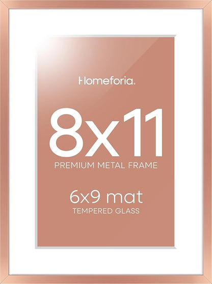 Homeforia 8x11 Picture Frame Rose Gold, High End Metal 8 x 11 Poster Frames with Mat 6 by 9 Photo, 11x8 Frame Matted to 6x9 inch Print, 8by11 Wall or Tabletop Frame, Tempered Glass, Wall Kit, Set of 1