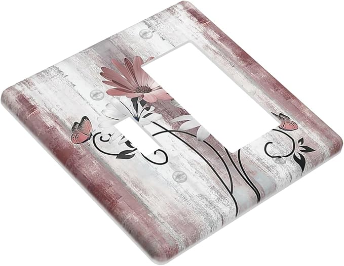 Outlet Covers Pink White Daisy Butterfly Wood Grain 1 Toggle 1 Rocker Combination Decorative Wall Plate Electrical Switch Plates Light Switch Cover Plate for Farmhouse Bathroom Decor