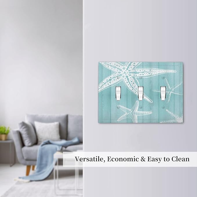 Decorative Light Switch Cover Plate Starfish Teal Wood Board Nautical 3 Gang Wall Plates for Electrical Outlets Triple Toggle Switch Plate Covers Outlet Covers Faceplate for Bedroom Home Decor