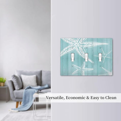 Decorative Light Switch Cover Plate Starfish Teal Wood Board Nautical 3 Gang Wall Plates for Electrical Outlets Triple Toggle Switch Plate Covers Outlet Covers Faceplate for Bedroom Home Decor