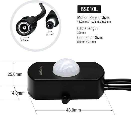 2 Pack Sensky PIR Motion Activated Sensor Switch,DC 12V~30V 3A Occupancy Sensor Switch with DC Coupler Cable for Kitchen Cabinet, Pantry, Closet led Lighting (BS010L)