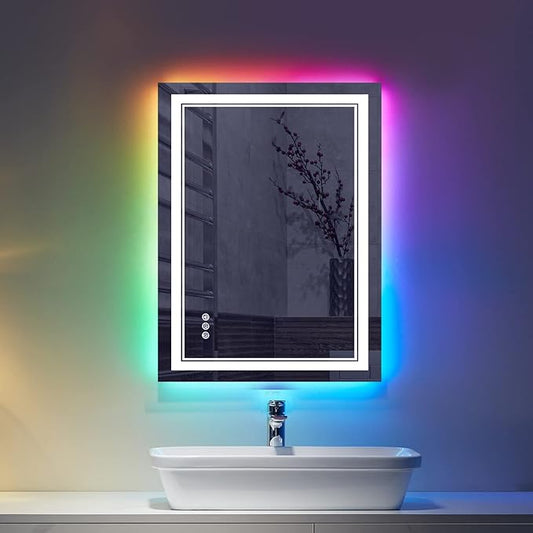24x32 inch LED Bathroom Mirror RGB Color Changing Backlit Mirror Shatterproof Dimmable Anti-Fog Vanity Mirror with Double Lights (RGB Multicolor Backlit + Adjustable Front-Lighted)