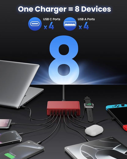 200W USB C Charger Block,GaN IV Charging Station 8 Ports,QC4.0 Fast Charging Station Hub+PD 65W USB C Laptop Charger Adapter Compatible with MacBook Air/Pro,DELL,iPhone 17/16/15,iPad,Steam Deck-Red