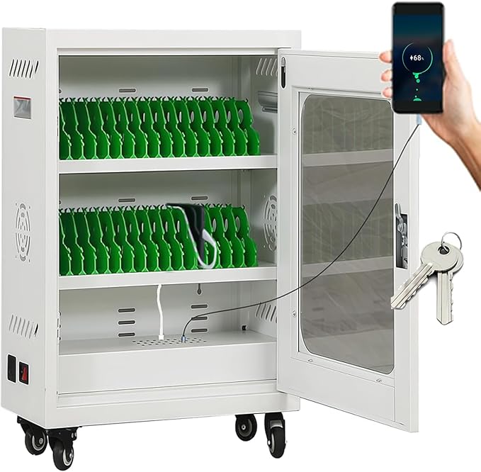 30 Device Cell Phone Charging Stations, Mobile Phone Charging Cabinet, Cellphone USB Charging Cart, Rechargeable Cellphone Locker Storage Charging Station (White, 30 Slots)