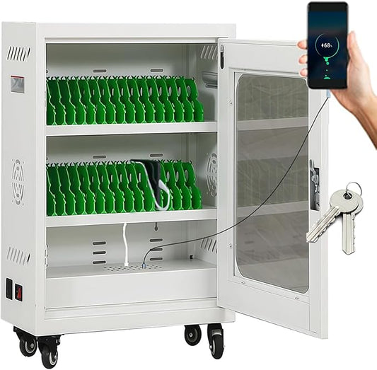 30 Device Cell Phone Charging Stations, Mobile Phone Charging Cabinet, Cellphone USB Charging Cart, Rechargeable Cellphone Locker Storage Charging Station (White, 30 Slots)