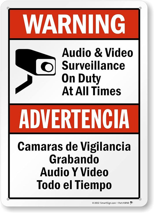 SmartSign 14 x 10 inch “Warning - Audio & Video Surveillance On Duty At All Times” Bilingual Sign, Digitally Printed, 55 mil HDPE Plastic, Red, Black and White, Made in USA