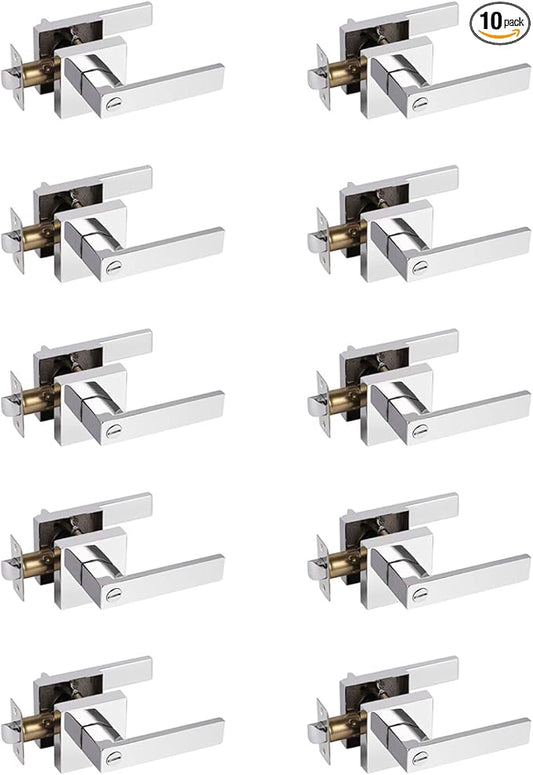Probrico 10 Pack Commercial Heavy Duty Privacy Door Levers, Flat Style Door Handle Set for Bed and Bath, Left or Right Handing Leverset Lockset, Polished Chrome Finish