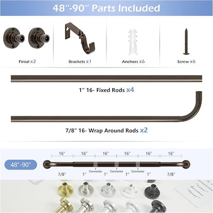 Bronze Wrap Around Curtain Rods 48 to 90 Inch:Blackout Heavy duty Adjustable Window Curtain Rod for Bedroom,Industrial Darkening Curved French Metal Single Drapery Rods Set Easy Install,Brown