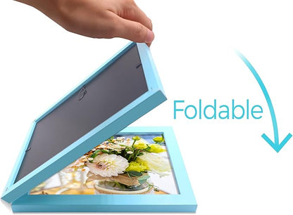 Double 5x7 Horizontal Combo, Soft-Blue Wood Picture Frame, 4.5x6.5 Opening Foldable Landscape View Photo Frame on Table-top or Wall