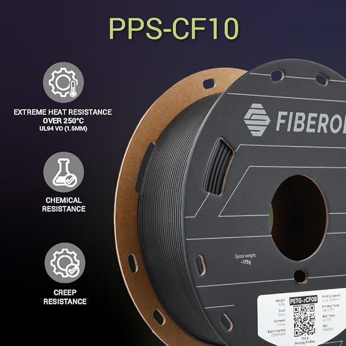 Polymaker Fiberon PPS-CF10 Filament Black 1.75mm 0.5kg, Extreme Heat Resistance - Fiberon Carbon Fiber Reinforced PPS 3D Printing Filament Ideal for Molding